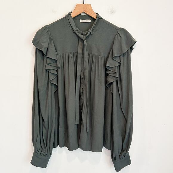 Ulla Johnson Tabitha Ruffle Button Up Blouse Green Size 8 - Picture 4 of 11